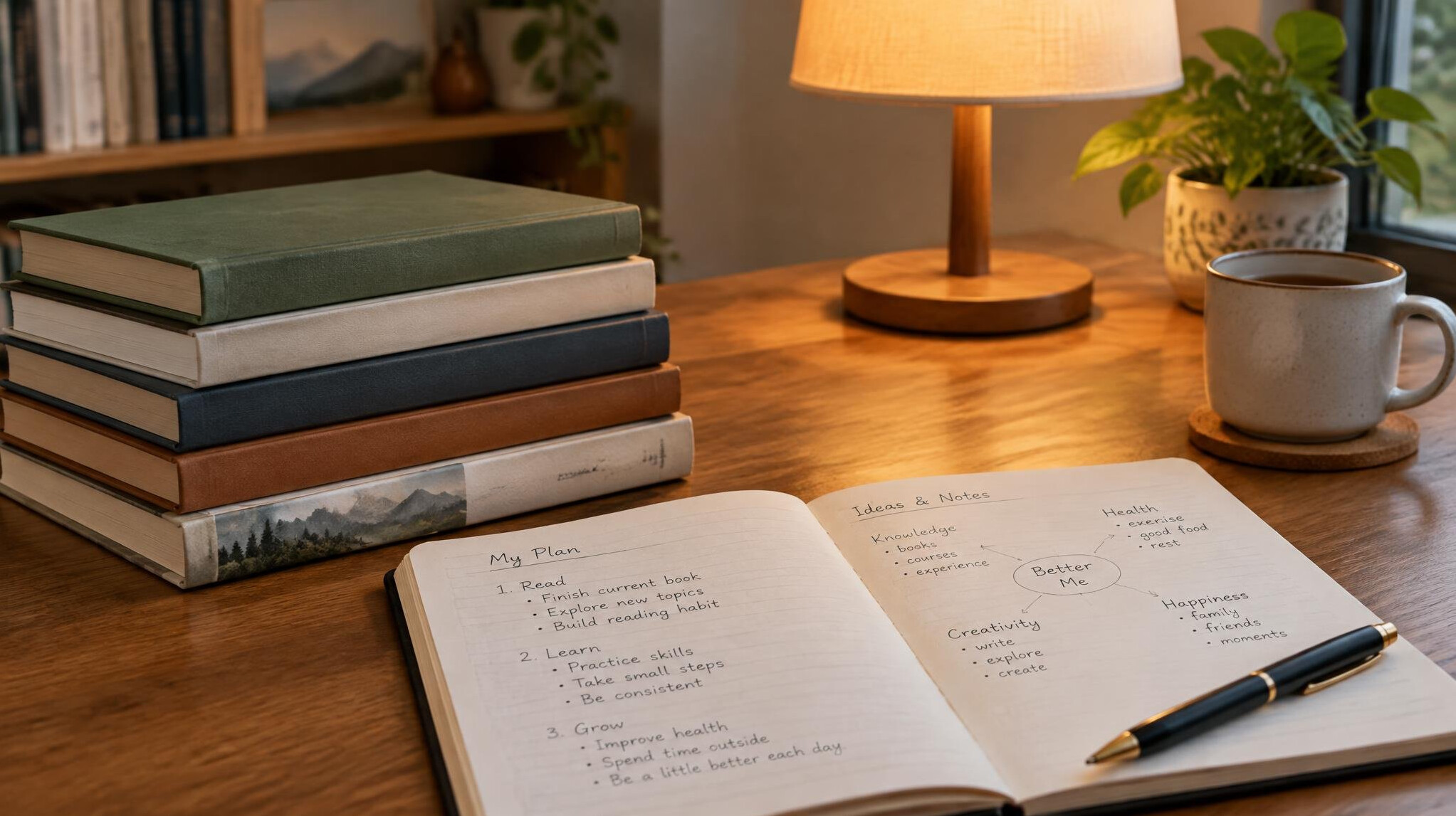 Stack of books and an open notebook on a wooden table with a lamp