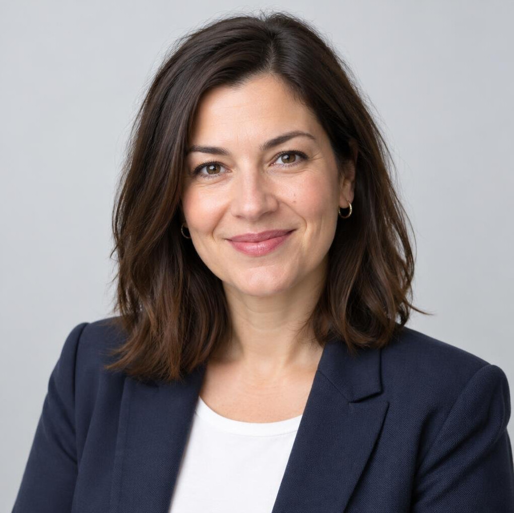 Portrait of a smiling professional woman with long dark hair in a blazer