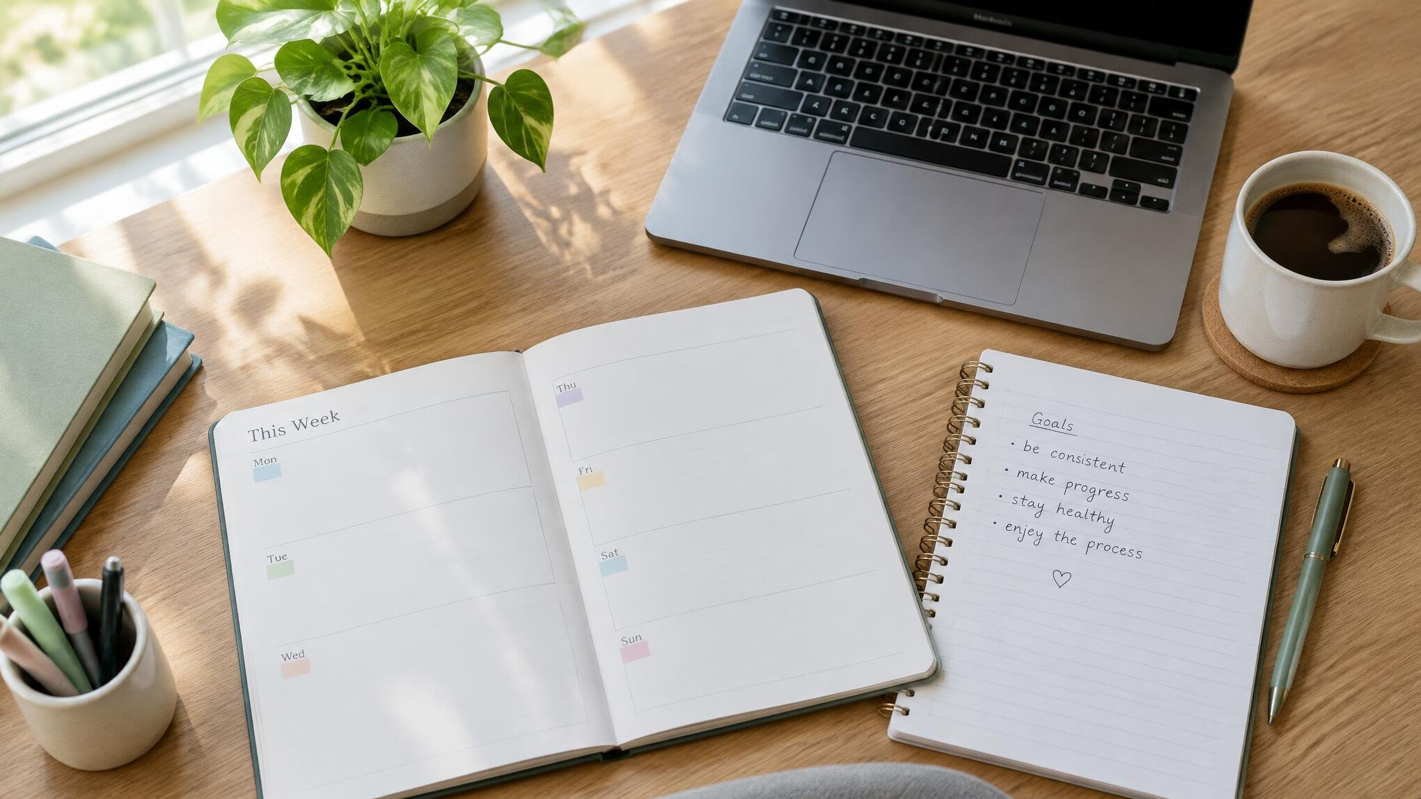 Bright desk with an open planner, laptop and coffee for study planning
