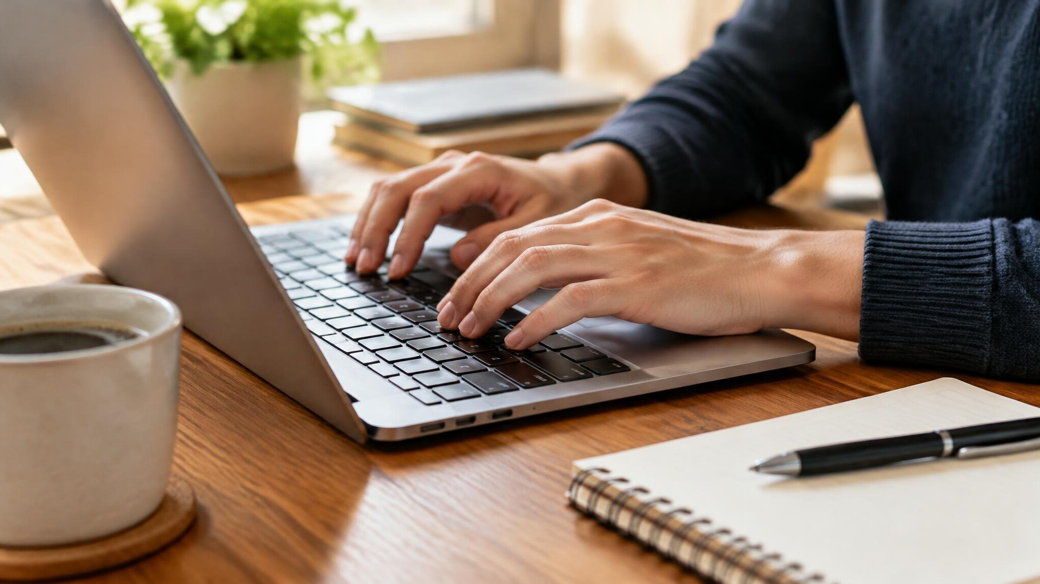 Person typing on a laptop at a wooden desk with a notebook and coffee