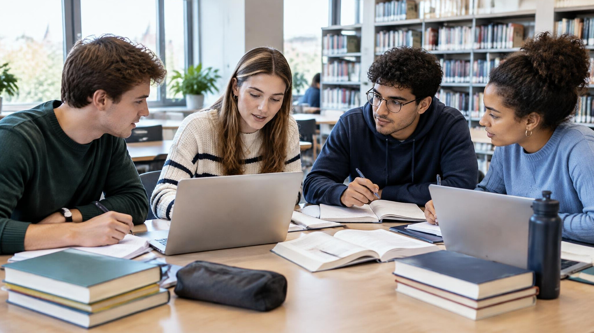 Group of students studying together around a table with laptops and notebooks